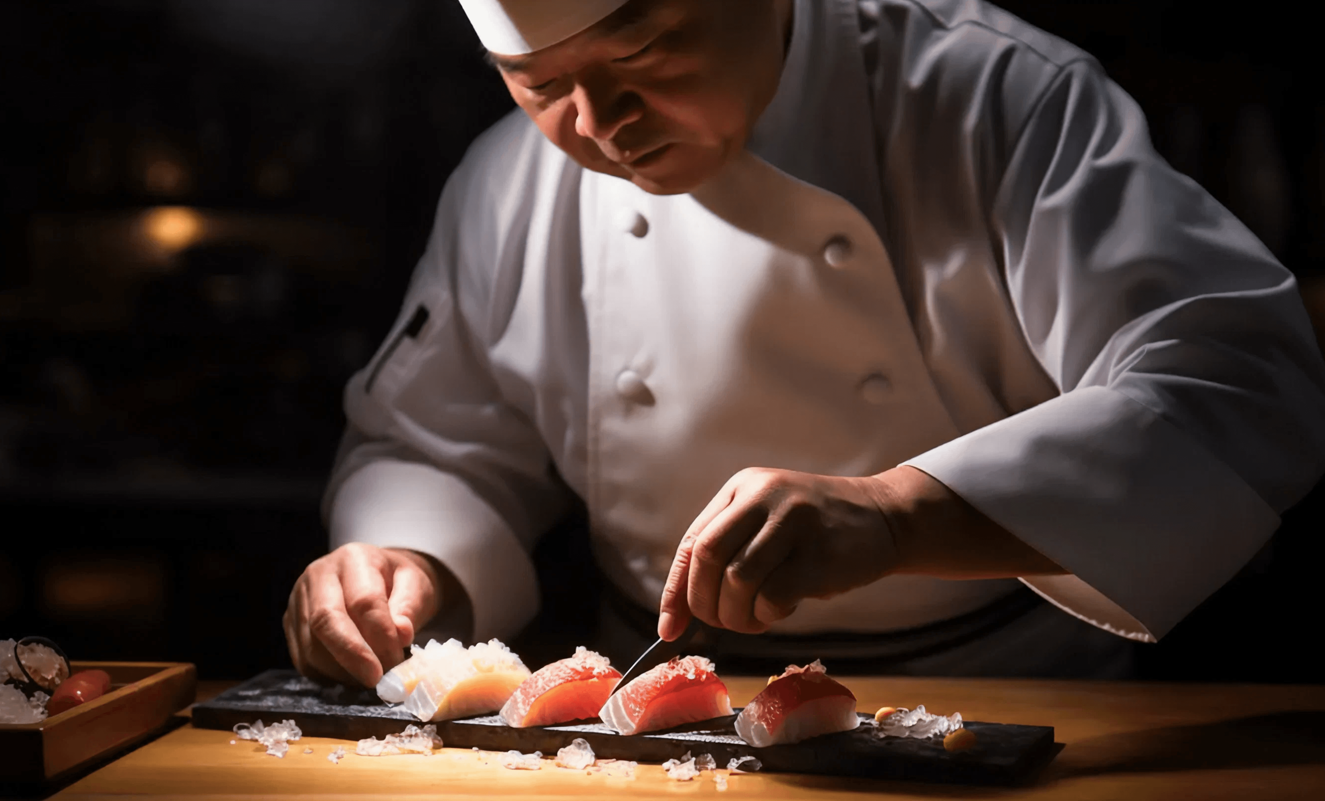 Ein Sushi-Koch richtet Nigiri auf einem Holzbrett an.