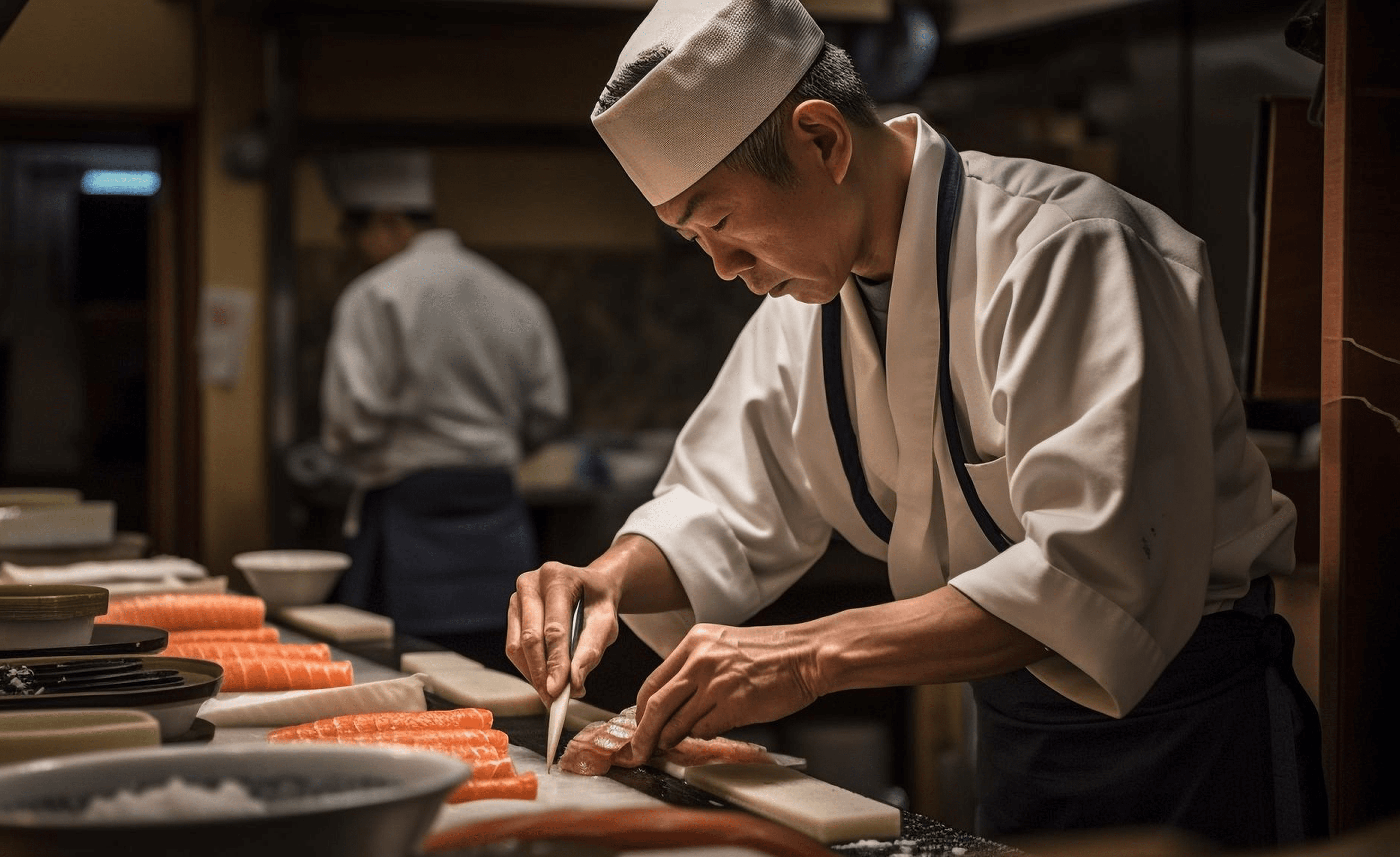 Ein Sushi-Meister arbeitet an der Theke, im Hintergrund weitere Köche.