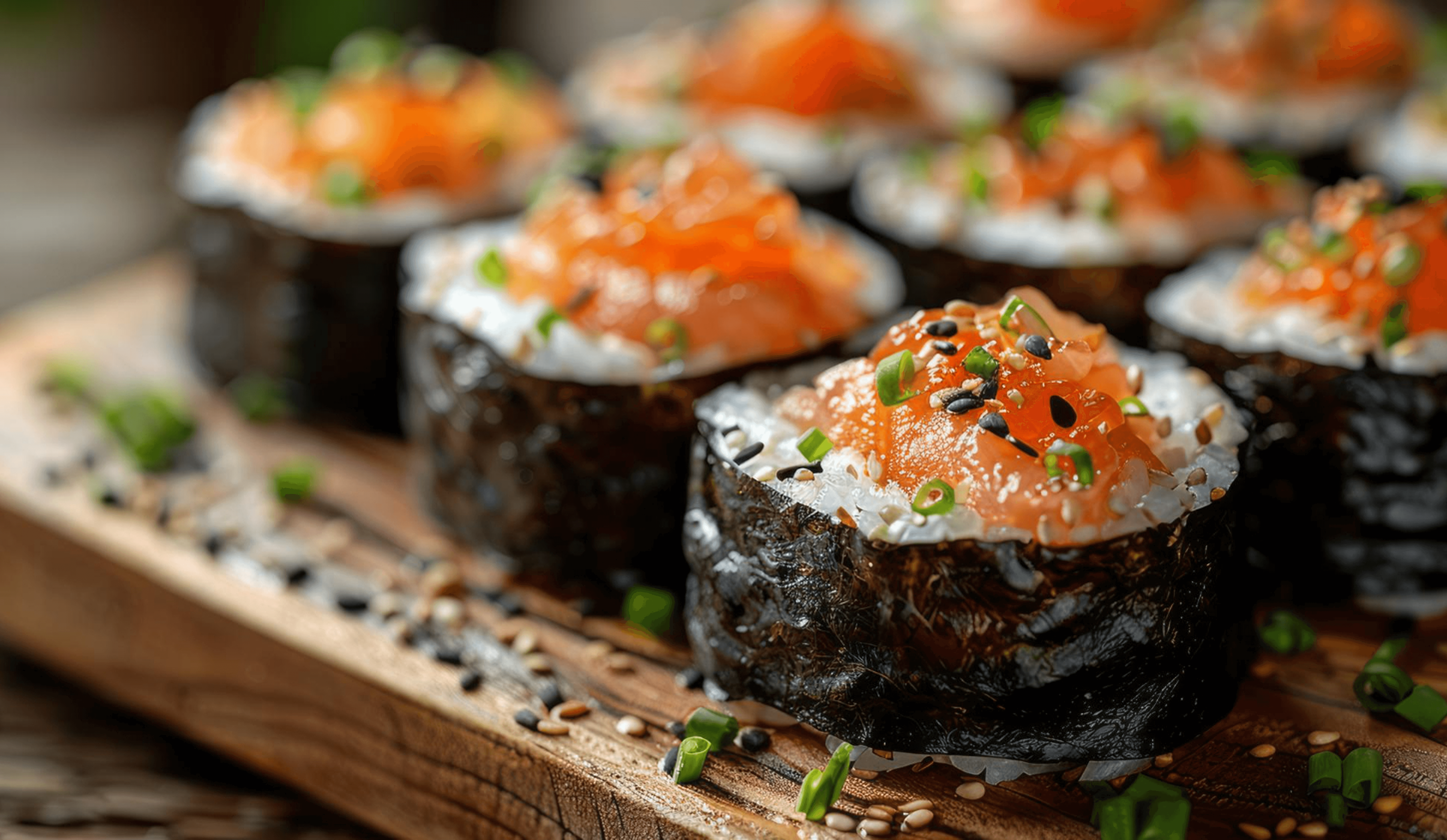 Nahaufnahme von Nigiri mit Lachs, Frühlingszwiebeln und schwarzem Sesam.