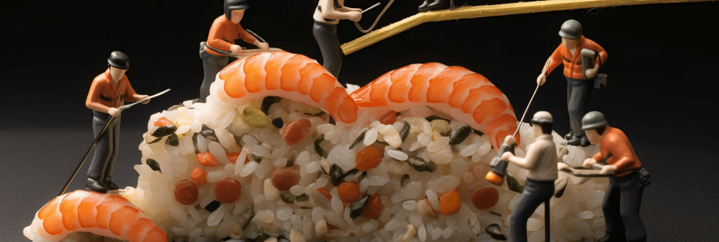 Miniaturfiguren arbeiten wie auf einer Baustelle an einem übergroßen Sushi.